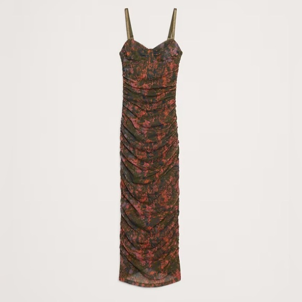 NWT! Banana Republic Green Camo Splatter Ruched Mesh Corset Midi Dress - Picture 4 of 5